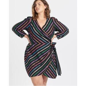 Tanya Taylor Magnolia Striped Long Sleeve Dress Size 14 NWT Black Multi